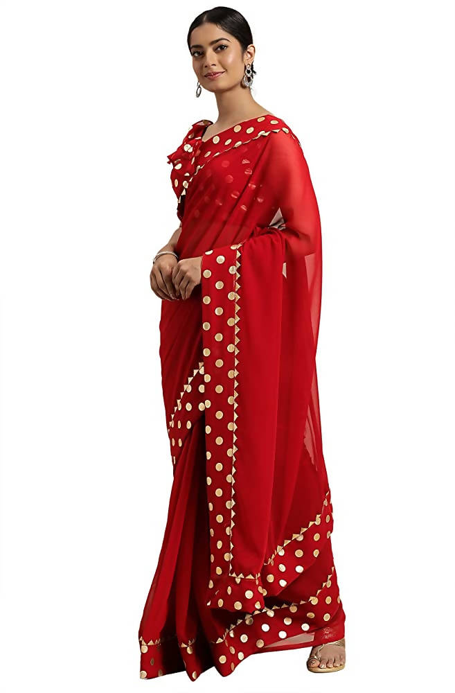 Janasya Women Women's Red Poly Georgette Printed Saree With Blouse Piece