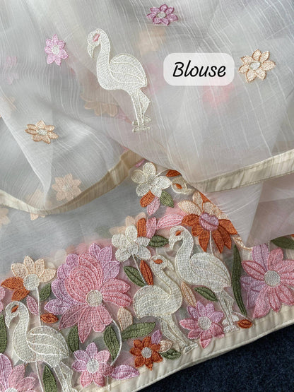 Mameraa Sarees White Premium Chiffon Saree With All Over Designer Embroidery-White
