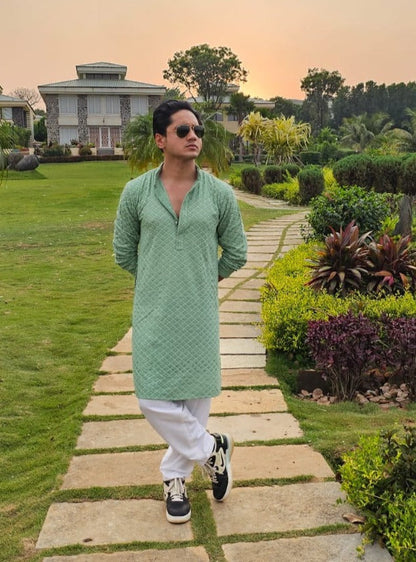 Jompers Men's Green Chikankari Embroidered and Sequence Kurta with Churidar