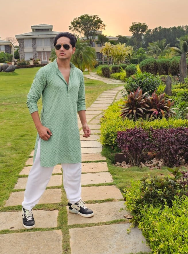 Jompers Men's Green Chikankari Embroidered and Sequence Kurta with Churidar
