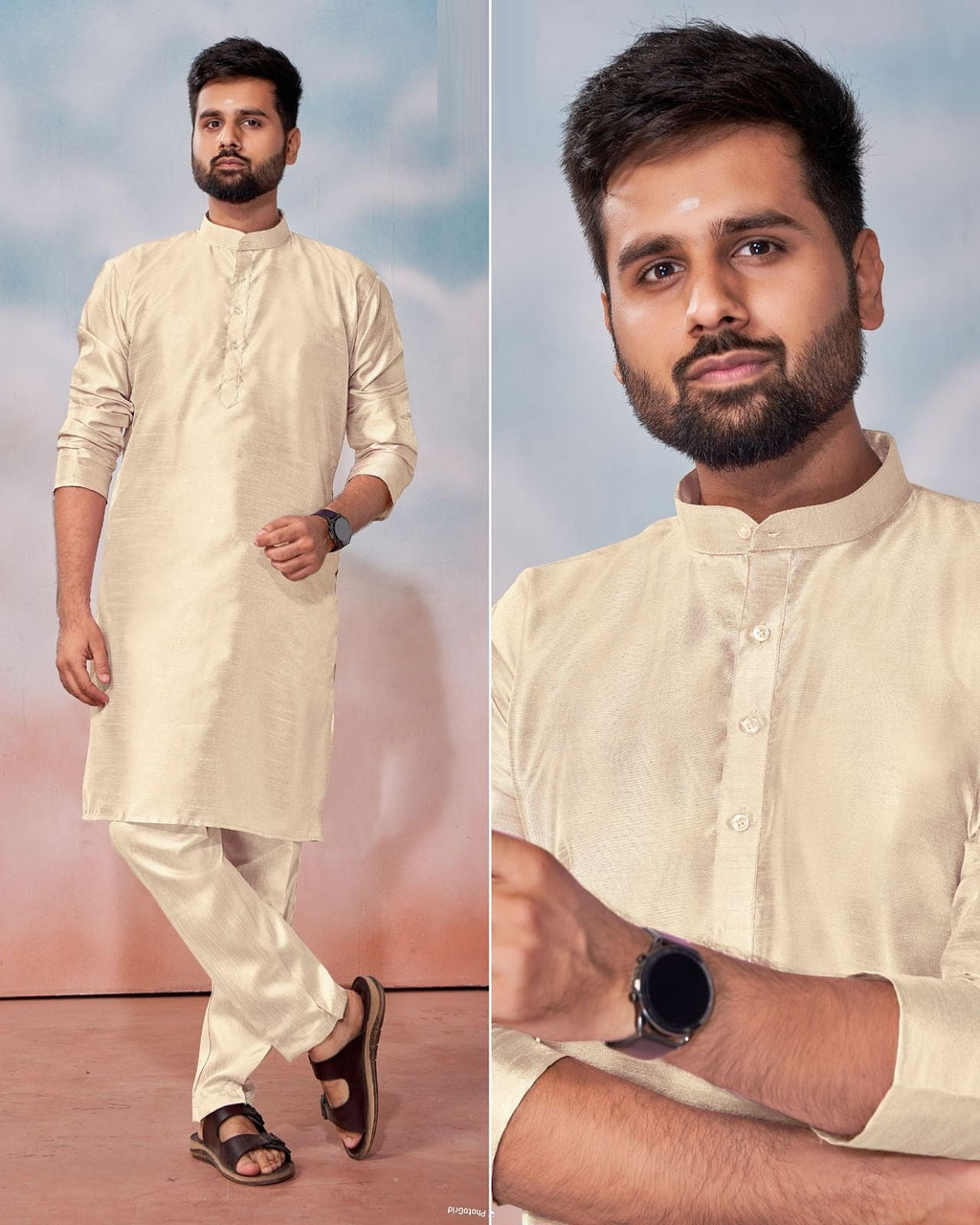 Men's Banglori Silk Kurta Polo Pant Set