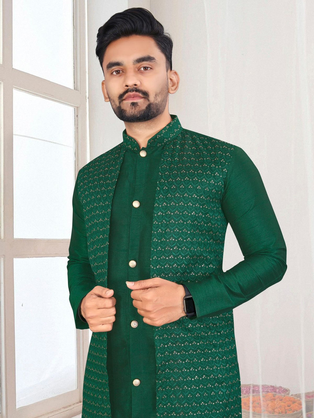 Bangalori Silk With Jacquard Koti Kurta Pajama Set For Men's