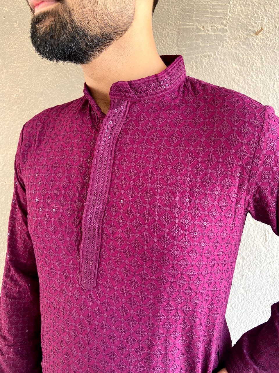 Heavy Rayon Chikan Work Kurta Pajama Set For Men's