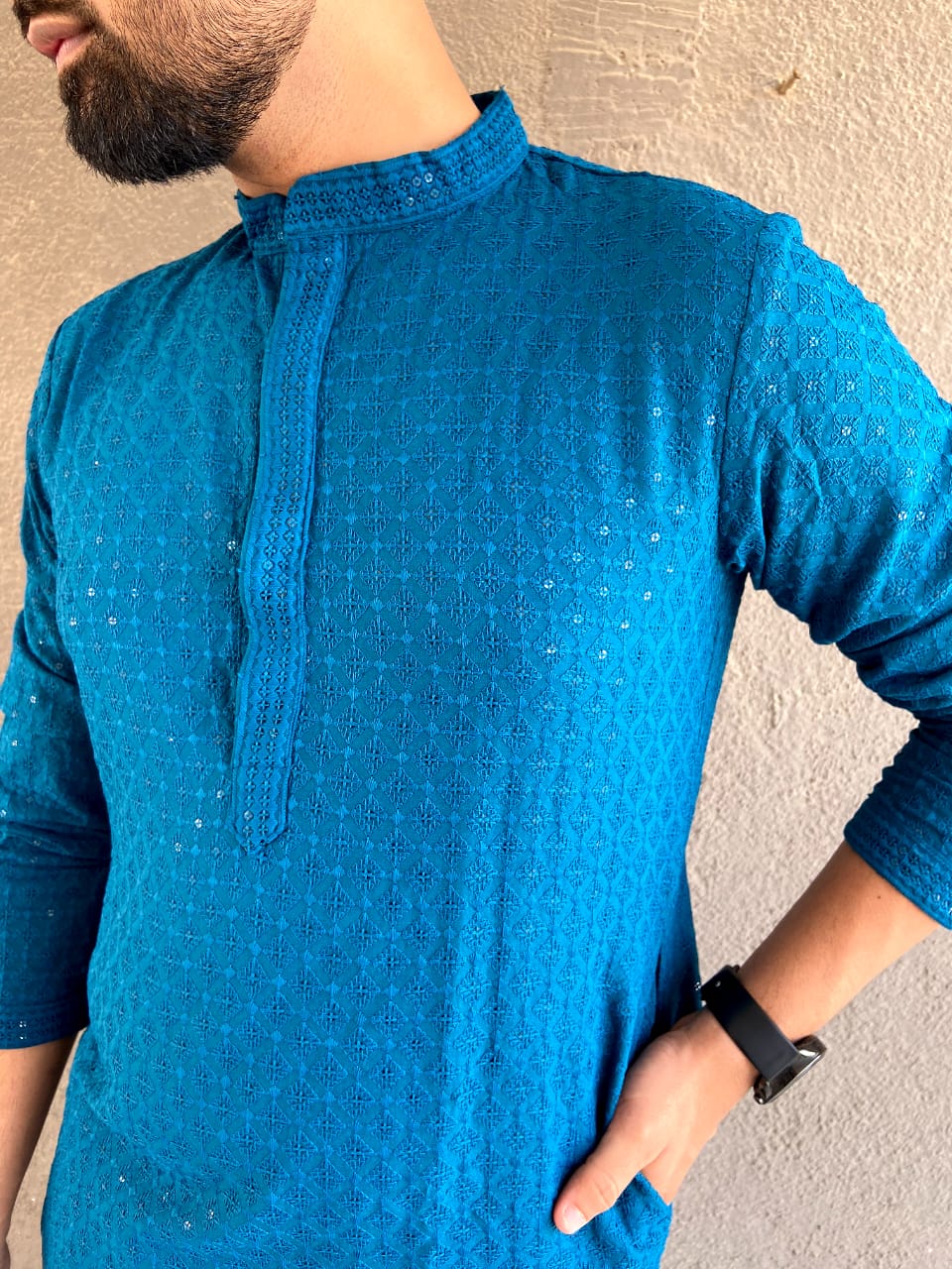 Heavy Rayon Chikan Work Kurta Pajama Set For Men's