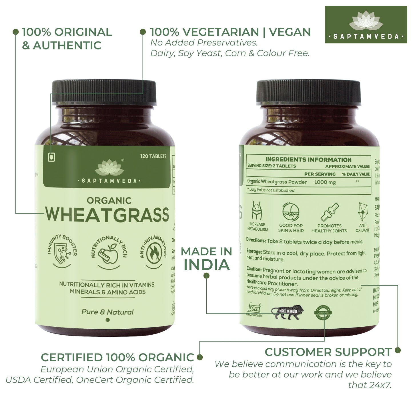 Saptamveda Organic Wheatgrass Tablets - 120 tabs
