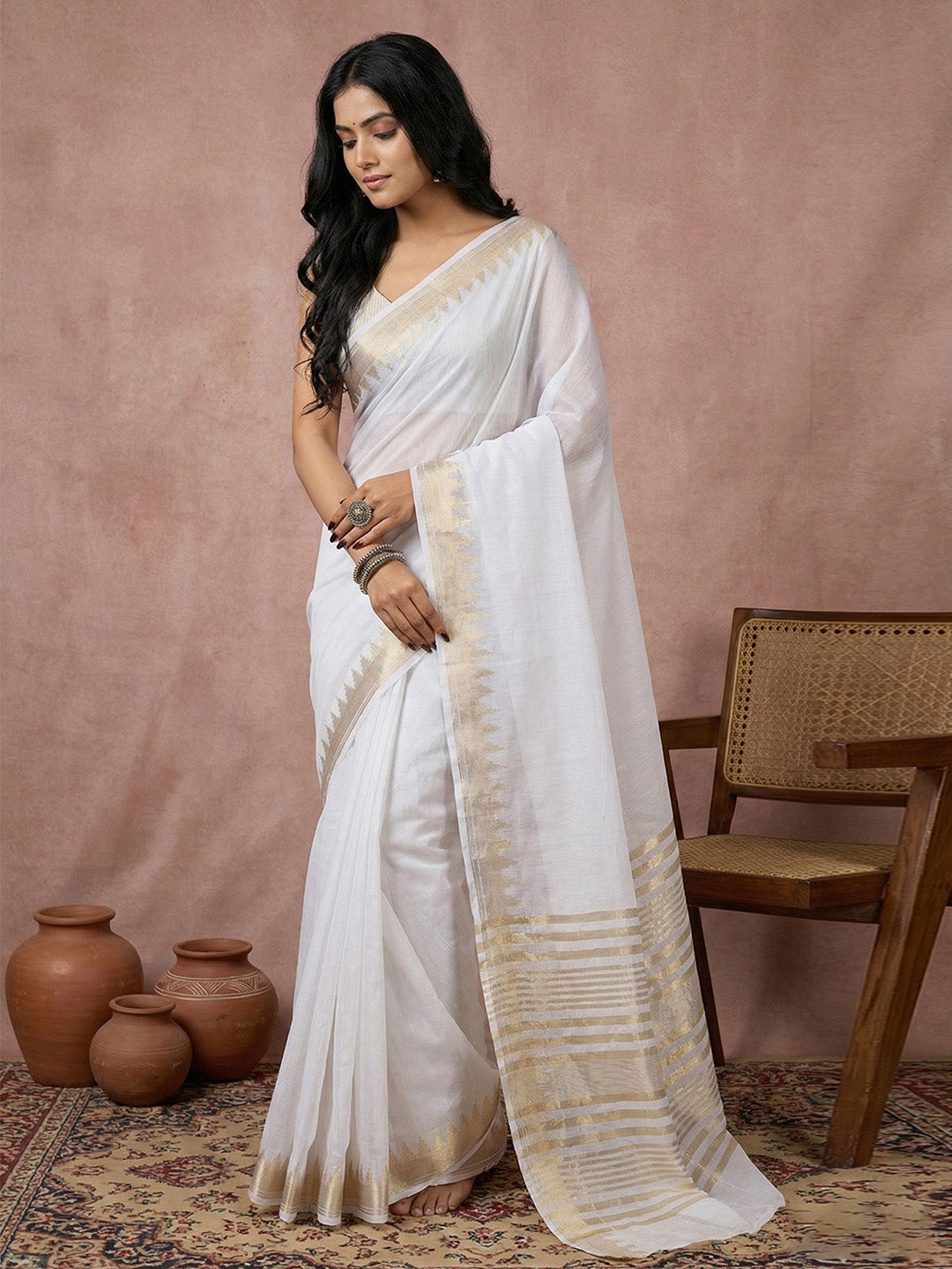 Anaita White Cotton Saree With Blouse