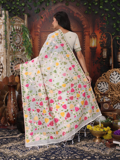 Anaita White Linen Printed Saree With Blouse