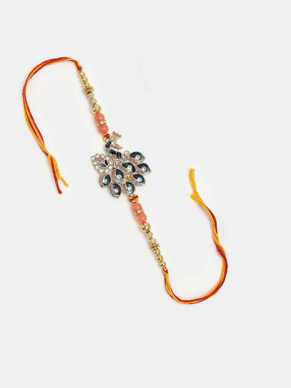 NVR Women & Men Set of 2 Multicolor Peacock Design Stone-Studded & Beaded Bhaiya Bhabhi Rakhi With Roli Chawal & Chocolate