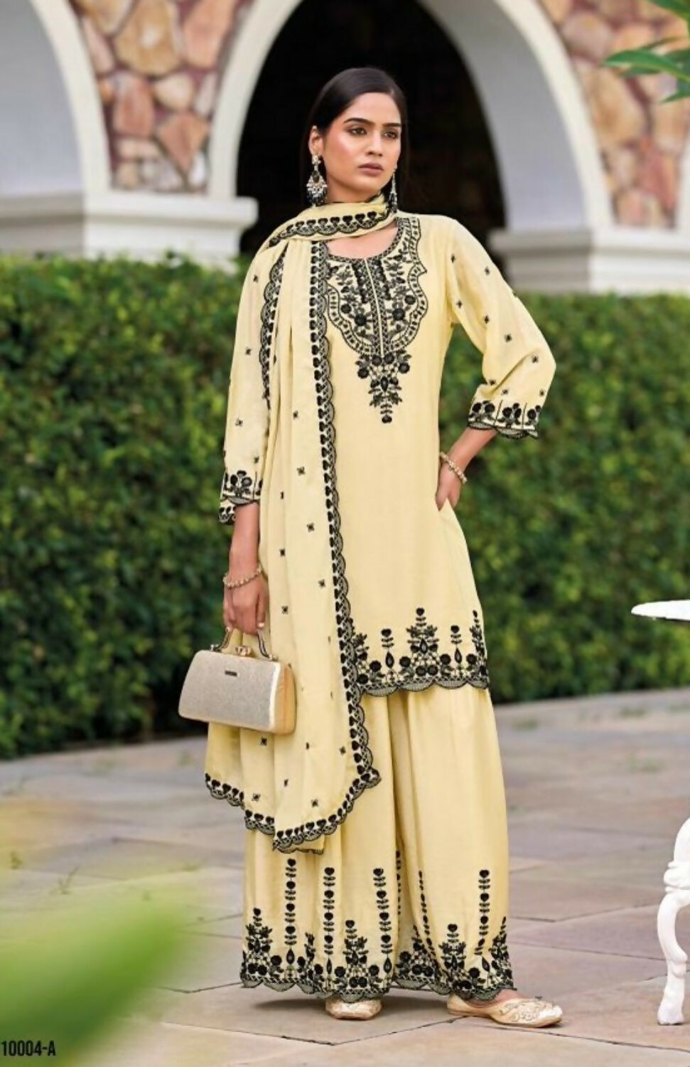 Anaita Beige Chinon Readymade Palazzo Suit with Heavy Embroidery Work