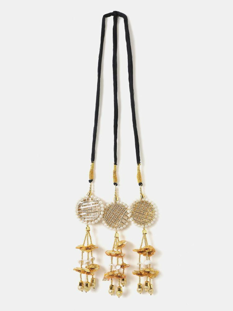 Ruby Raang Gold Gota Pati Work And Threads With Pearls And Black Thread And Mirrors