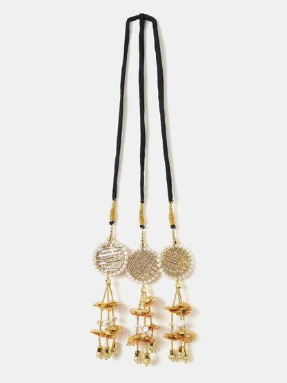 Ruby Raang Gold Gota Pati Work And Threads With Pearls And Black Thread And Mirrors
