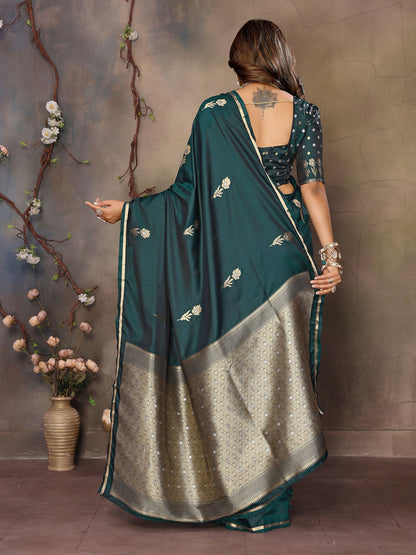 Joban Fashion Dark Green Floral & Botanical Motifs Satin Silk Banarasi Silk Saree