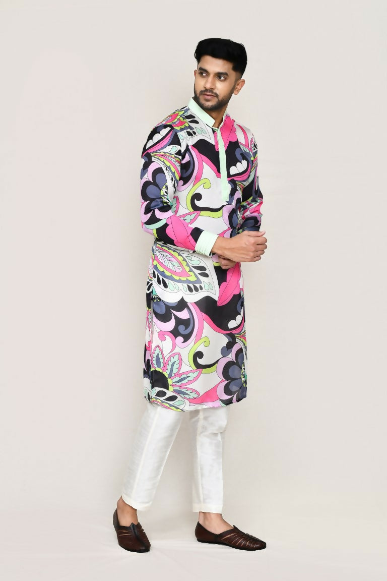 Joban Fashion Printed Colored Satin Silk Fabric Kurta With Straight Fit Pant