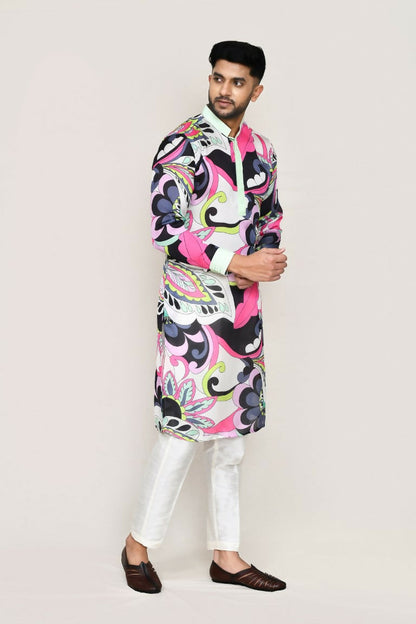 Joban Fashion Printed Colored Satin Silk Fabric Kurta With Straight Fit Pant