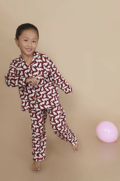 Breathables Kids Cotton Night Suit – Maroon Cat Print Shirt & Pyjama Co-Ord Set For Boys & Girls