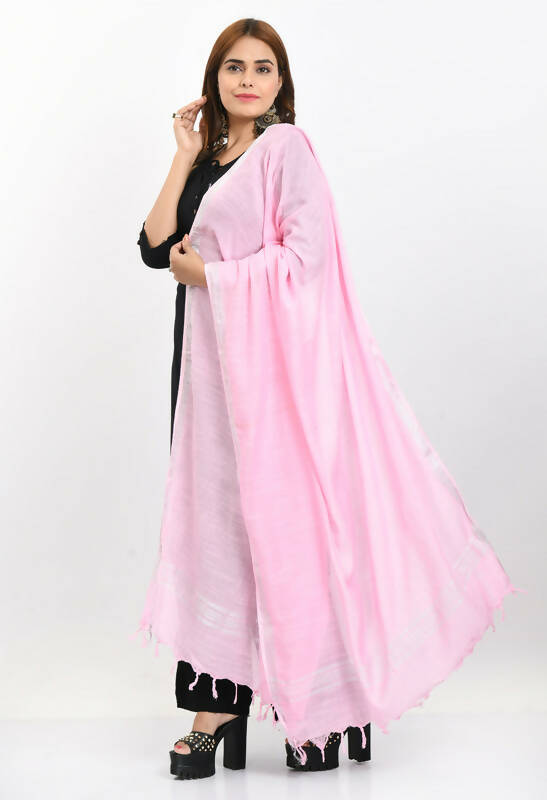 Mominos Fashion Moeza Women's Linen Cotton Silver Border Baby Pink Dupatta