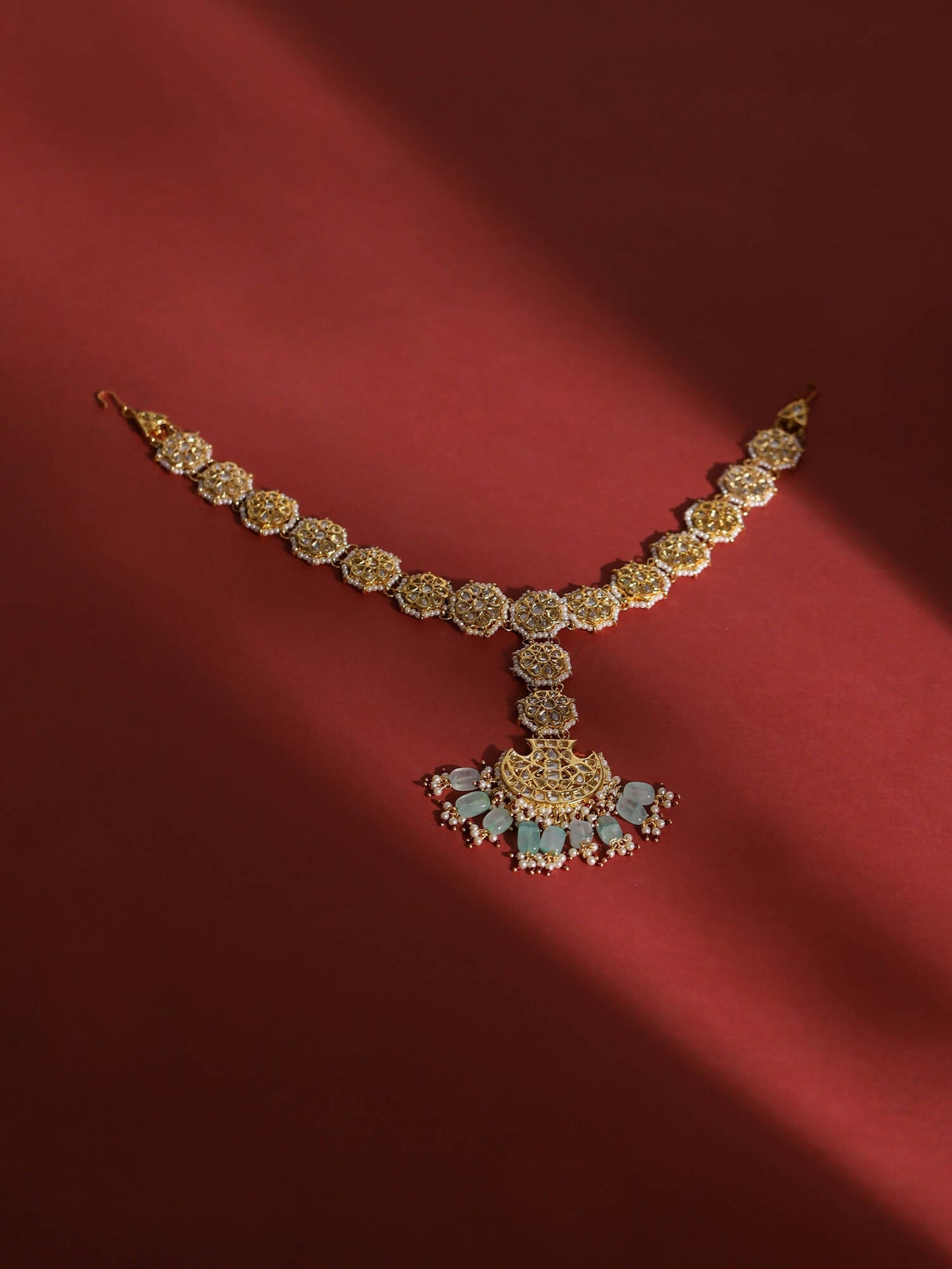Gold-Polished White Blue Kundan-Studded Pearl Beaded Matha Patti - Ruby Raang