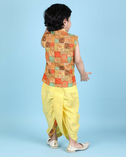 Joban Fashion Kids Island Cotton Sleeveless printed Kurta and Solid Dhoti - Yellow