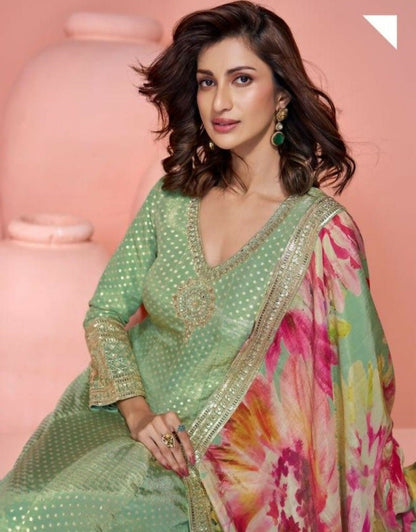 Anaita Green Shimmer Stitched Anarkali Suit with Sequins Embroidery Foil Stitch Work