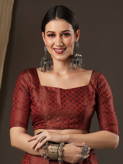 Saree Mall Maroon Woven Design Zari Silk Blend Banarasi Sarees