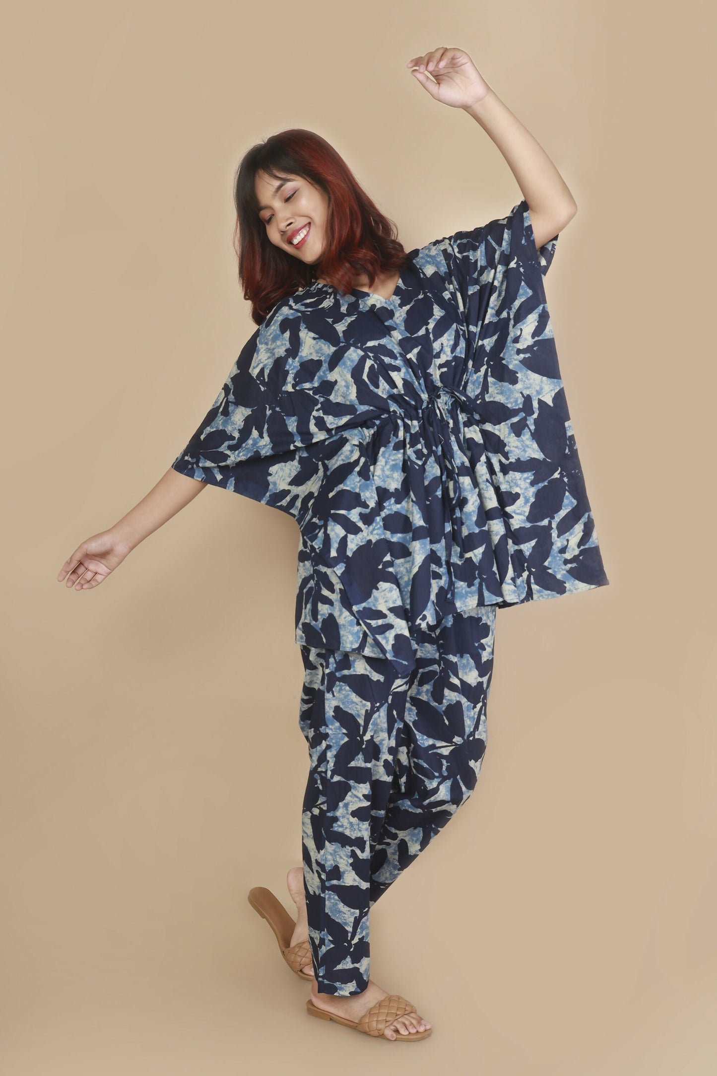 Breathables Women’S Loungewear Kaftan Cotton Blue Floral Print Co-Ord Set
