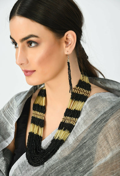 Mominos Fashion Johar Kamal Handicraft Finish Beads Work Long Necklace For Women (Black /Golden)