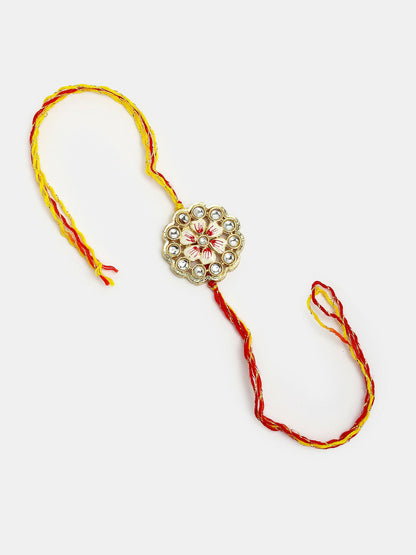 NVR Women & Men Set of 2 Gold Kundan-Studded Bhaiya Bhabhi Rakhi Set With Roli Chawal