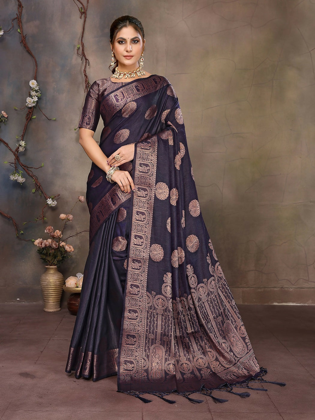 Joban Fashion Navy Blue Woven Jacquard Banarasi Silk Sarees