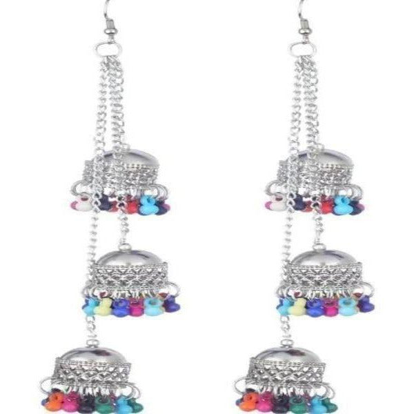 MS Fashion India Muskan Fancy Oxidized Silver triple With Multi color Pearl jhumki Long Earrings