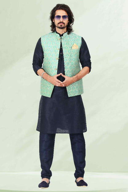 Raivat Ethnic Jacquard Banarasi Silk Woven Work 3 Pics Jacket Set In Pista Green Colour