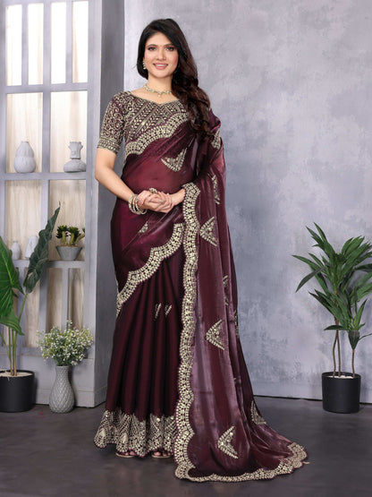 Vastranavya Wine Embroidery Work Shimmer Chiffon Saree with Unstitched Blouse