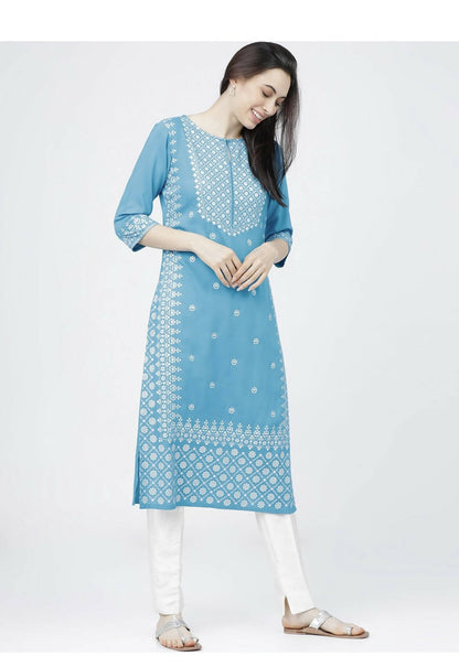 Indian Clothing Cheera Embellished Daily Wear Cotton Blend Kurta - Sky Blue