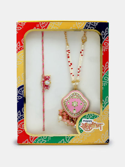 NVR Women & Men Set of 2 Pink Lotus Shape Kundan Stone-Studded & Beaded Bhaiya Bhabhi Rakhi With Roli Chawal & Chocolate