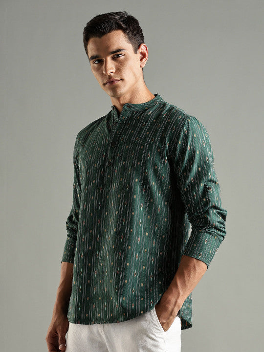 Anouk Striped Thread Work Kurta Green