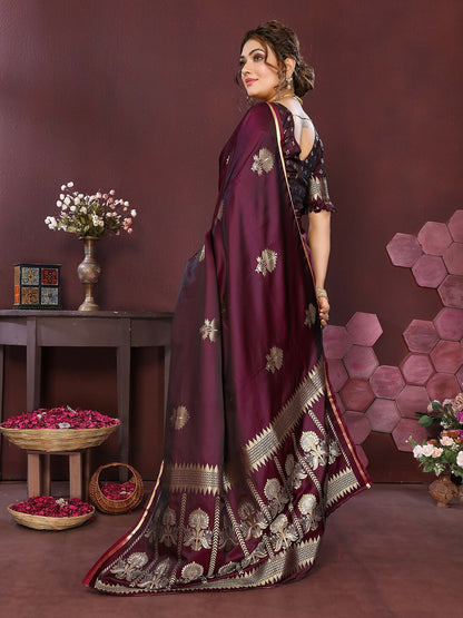 Joban Fashion Wine Floral Motifs Banarasi Silk Sarees