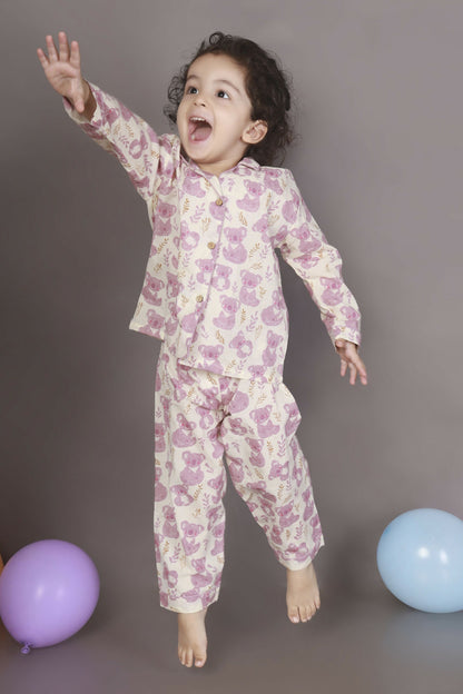 Breathables Kids Cotton Night Suit – White & Pink Teddy Shirt & Pyjama Co-Ord Set For Boys & Girls
