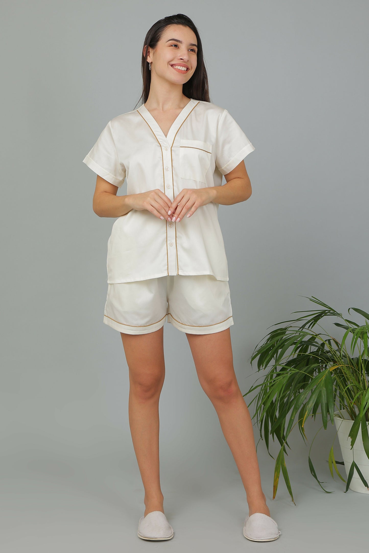Breathables Women Cotton Night Suit Shirt And Shorts Co-Ord Set I Nightwear | Loungewear Set In Solid Colours