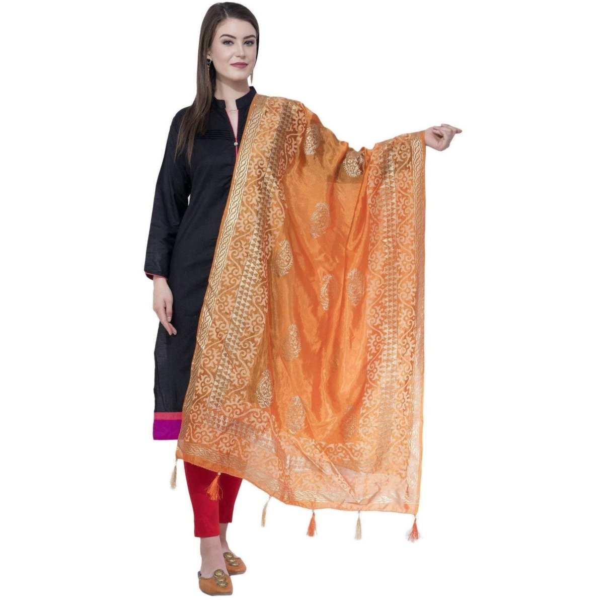 A R Silk Orange Color Silk Pahadi Print Dupattas and Chunnis