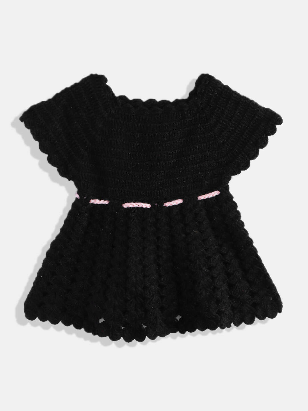 Chutput Kids Woollen Hand Knitted Full Sleeves Cardigan With Short Sleeves Flower Work Dress For Baby Girls - Pink