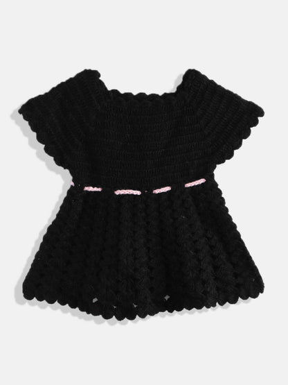 Chutput Kids Woollen Hand Knitted Full Sleeves Cardigan With Short Sleeves Flower Work Dress For Baby Girls - Pink