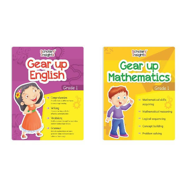 Scholars Insights Gear Up English & Maths Grade 1 Books Set of 2|English Grammar, Logical Reasoning, Problem Solving Book for Kids| Ages 6-7 Years
