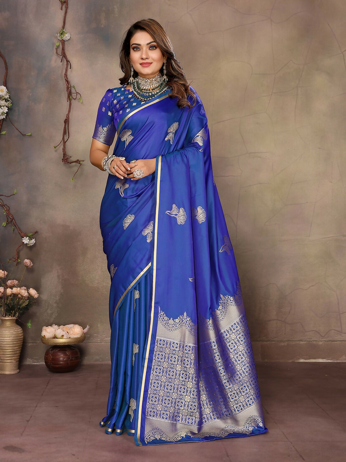 Joban Fashion Blue Floral Motifs Banarasi Silk Sarees