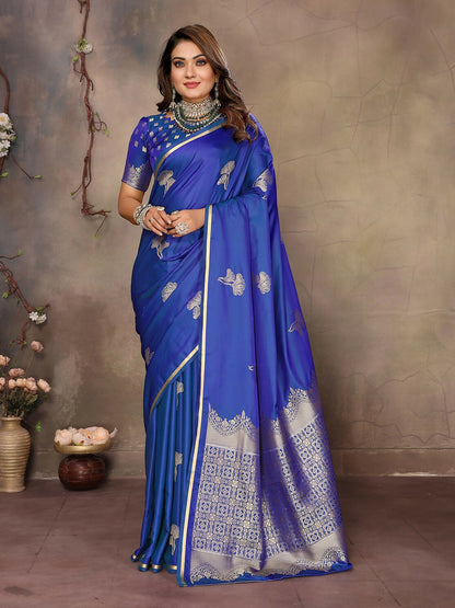 Joban Fashion Blue Floral Motifs Banarasi Silk Sarees