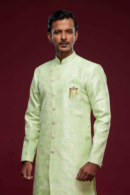 Raivat Ethnic Banarasi Jacquard Embroidery Semi Indo Western Sherwani In Pista Green Colour
