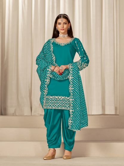 Anaita Turquoise Roman Silk Stitched Suit with Embroidery & Real Mirror Work
