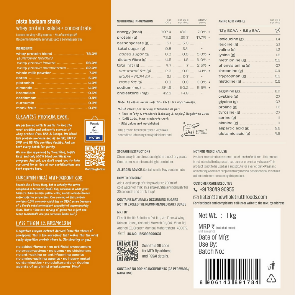 The Whole Truth Whey Protein Isolate+Concentrate - Pista Badaam Shake