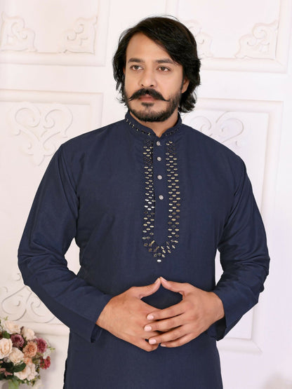 Anaita Navy Silk Straight Kurta With Neck Mirror Work