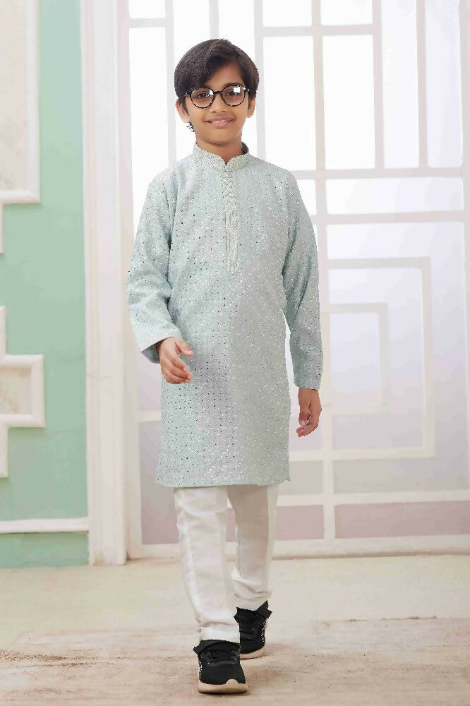 Raivat Ethnic Art Silk Embroidery Work Kids Kurta Pajama In Mint Green Colour