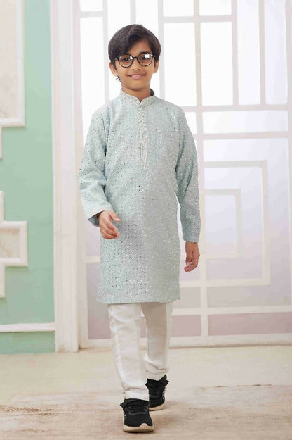 Raivat Ethnic Art Silk Embroidery Work Kids Kurta Pajama In Mint Green Colour