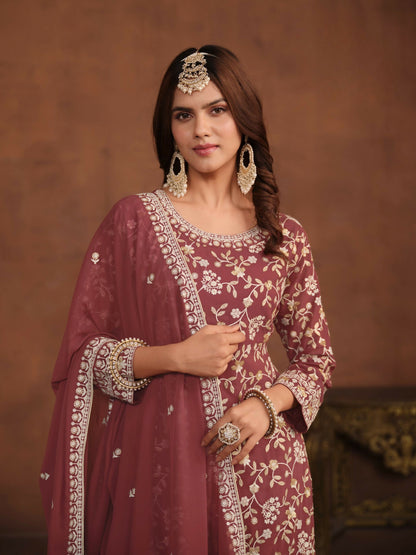 Anaita Brown Embroidered Faux Georgette Salwar Suit